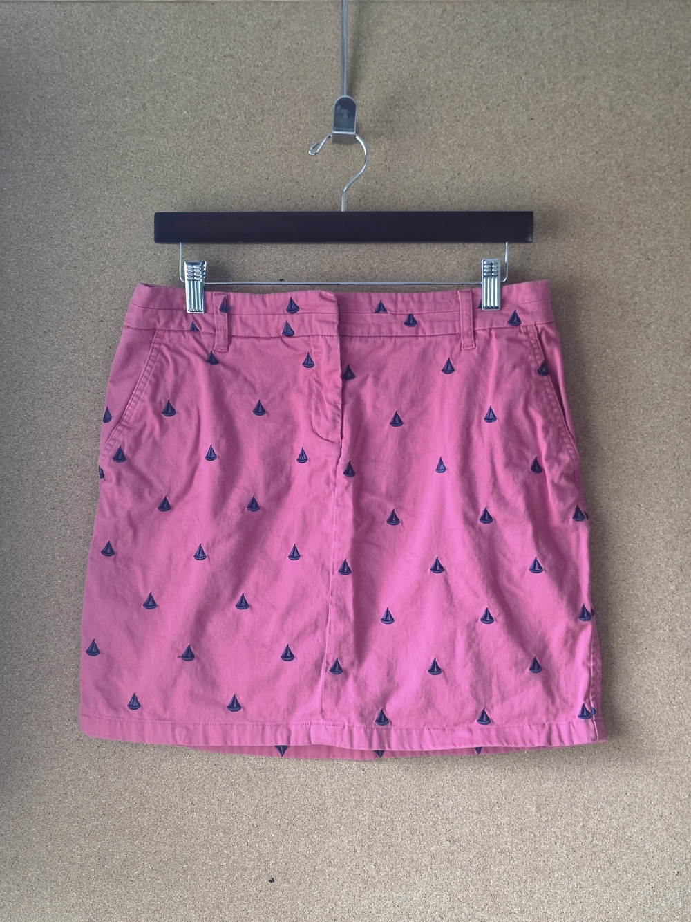 British Khaki Sailboat Print Skirt Red Cotton Stretch Nautical Sz 6 Embroidered